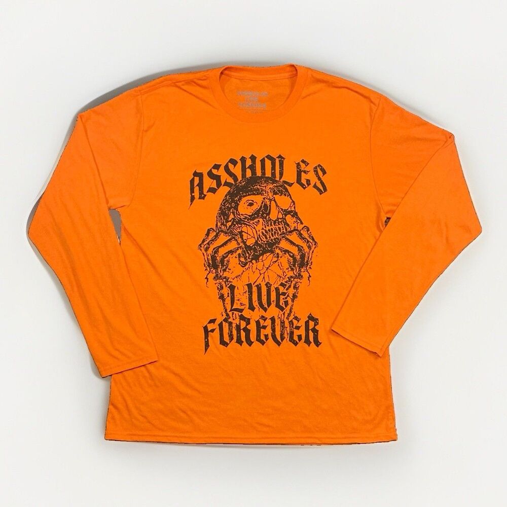 A**holes’s Live Forever Long Sleeve Shirt Orange Halloween Black Skull Men’s L